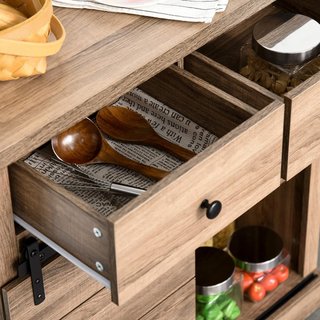 Credenza Con 2 Cajones, Estantes Abiertos Y Portabotellas, Credenza De Cocina Rústica En Madera Y Metal, 80X39X86 Cm, Color Madera