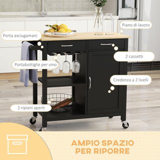 Carro De Cocina Clásico Con 2 Cajones Y Ruedas, Isla De Cocina De Madera Con Armario De 2 Puertas Ahorra Espacio, 89X40X84Cm, Negro