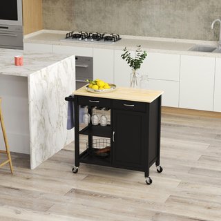 Carro De Cocina Clásico Con 2 Cajones Y Ruedas, Isla De Cocina De Madera Con Armario De 2 Puertas Ahorra Espacio, 89X40X84Cm, Negro