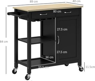 Carro De Cocina Clásico Con 2 Cajones Y Ruedas, Isla De Cocina De Madera Con Armario De 2 Puertas Ahorra Espacio, 89X40X84Cm, Negro