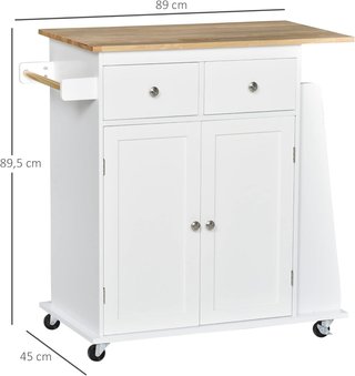 Carro De Cocina Con Armario, 2 Cajones Y Portaspecias De 3 Niveles, Isla De Cocina Portacomidas Con Estante Regulable, Porta Toallas Y 4 Ruedas Con 2 Frenos, 89X45X89.5 Cm, Blanco