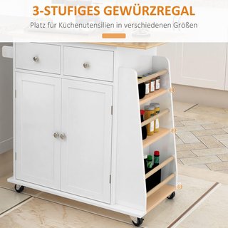 Carro De Cocina Con Armario, 2 Cajones Y Portaspecias De 3 Niveles, Isla De Cocina Portacomidas Con Estante Regulable, Porta Toallas Y 4 Ruedas Con 2 Frenos, 89X45X89.5 Cm, Blanco