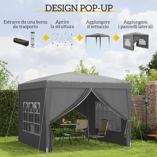 Toldo Plegable 3X3 Pop up Con 2 Puertas Y 2 Ventanas, 4 Paneles Laterales Y Bolsa De Transporte, Toldo De Exterior En Acero Y Tejido Oxford, Para Jardín, Fiestas, Camping, Gris