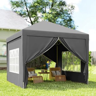 Toldo Plegable 3X3 Pop up Con 2 Puertas Y 2 Ventanas, 4 Paneles Laterales Y Bolsa De Transporte, Toldo De Exterior En Acero Y Tejido Oxford, Para Jardín, Fiestas, Camping, Gris