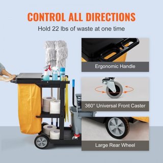 Carro de Limpieza, Carro de Limpieza Comercial de 3 Estantes, Capacidad de 200 lbs Carro de Limpieza de Plástico, con Bolsa de PVC de 25 Galones y Cubierta, 120 x 51 x 98 cm, Amarillo+Negro