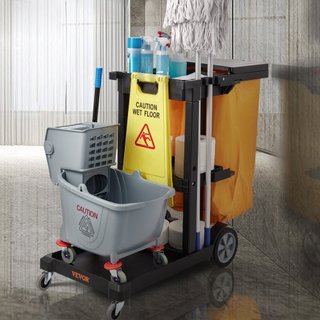 Carro de Limpieza, Carro de Limpieza Comercial de 3 Estantes, Capacidad de 200 lbs Carro de Limpieza de Plástico, con Bolsa de PVC de 25 Galones y Cubierta, 120 x 51 x 98 cm, Amarillo+Negro