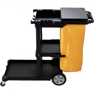 Carro de Limpieza, Carro de Limpieza Comercial de 3 Estantes, Capacidad de 200 lbs Carro de Limpieza de Plástico, con Bolsa de PVC de 25 Galones y Cubierta, 120 x 51 x 98 cm, Amarillo+Negro