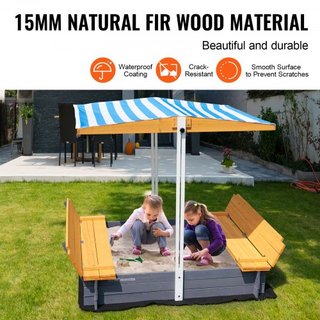Caja de Arena de Madera con Dosel, 57.3 x 47.2 x 47.2 in Caja de Arena, Pozo de Arena con Asientos de Banco Plegables y Forro Inferior, Caja de Arena de Madera Natural para Niños para Exterior, Ja...