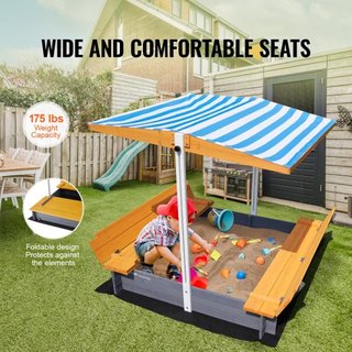 Caja de Arena de Madera con Dosel, 57.3 x 47.2 x 47.2 in Caja de Arena, Pozo de Arena con Asientos de Banco Plegables y Forro Inferior, Caja de Arena de Madera Natural para Niños para Exterior, Ja...