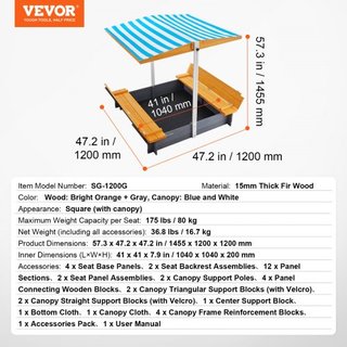 Caja de Arena de Madera con Dosel, 57.3 x 47.2 x 47.2 in Caja de Arena, Pozo de Arena con Asientos de Banco Plegables y Forro Inferior, Caja de Arena de Madera Natural para Niños para Exterior, Ja...