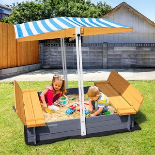 Caja de Arena de Madera con Dosel, 57.3 x 47.2 x 47.2 in Caja de Arena, Pozo de Arena con Asientos de Banco Plegables y Forro Inferior, Caja de Arena de Madera Natural para Niños para Exterior, Ja...