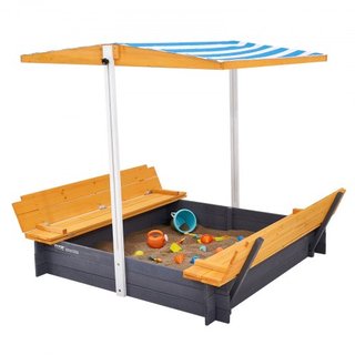 Caja de Arena de Madera con Dosel, 57.3 x 47.2 x 47.2 in Caja de Arena, Pozo de Arena con Asientos de Banco Plegables y Forro Inferior, Caja de Arena de Madera Natural para Niños para Exterior, Ja...