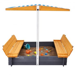 Caja de Arena de Madera con Dosel, 57.3 x 47.2 x 47.2 in Caja de Arena, Pozo de Arena con Asientos de Banco Plegables y Forro Inferior, Caja de Arena de Madera Natural para Niños para Exterior, Ja...