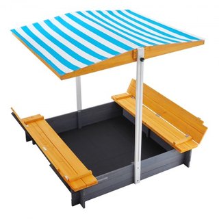 Caja de Arena de Madera con Dosel, 57.3 x 47.2 x 47.2 in Caja de Arena, Pozo de Arena con Asientos de Banco Plegables y Forro Inferior, Caja de Arena de Madera Natural para Niños para Exterior, Ja...