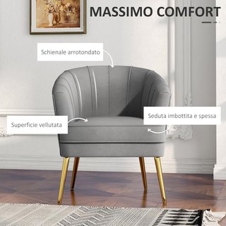 Sillón de Dormitorio, Sillón de Terciopelo con Patas Doradas, Sillón para Sala de Estar y Salón en Poliéster y Acero, 71X72X75Cm, Gris