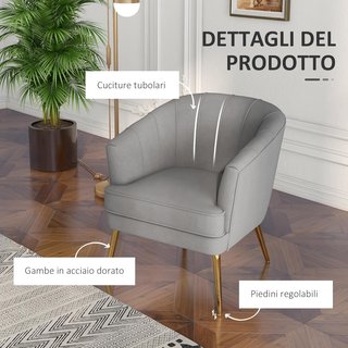 Sillón de Dormitorio, Sillón de Terciopelo con Patas Doradas, Sillón para Sala de Estar y Salón en Poliéster y Acero, 71X72X75Cm, Gris