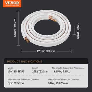 Set di tubi Mini Split da 7620mm, tubi in rame da 9,5 e 15,9mm di diametro esterno e isolamento a triplo strato per refrigerante di climatizzatore Mini Split o pompe di calore