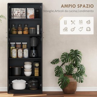 Credenza de Cocina, Mueble Despensa con 2 Armarios, Mueble de Cocina con Estantes Regulables en MDF, para Comedor, Sala de Estar, Salón, 59X31X155 Cm, Negro