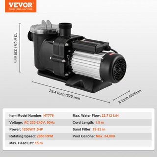 Pompa per piscina fuori terra, 1118W (1.5HP), 378 L/min (100 GPM) Pompa per piscina monovelocità, 220V 2850RPM 15M Elevazione massima con cestello filtro