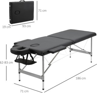 Cama de Masaje Portátil y Plegable de Aluminio y PU con Altura Ajustable y Asiento Acolchado, 186X71X62-83 Cm, Negro
