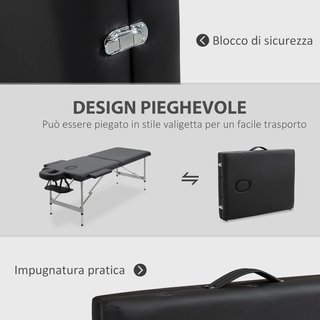 Cama de Masaje Portátil y Plegable de Aluminio y PU con Altura Ajustable y Asiento Acolchado, 186X71X62-83 Cm, Negro