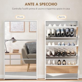 Zapatero Slim Ahorra Espacio con 3 Puertas Abatibles, Zapatero de Entrada con Superficie Superior para Objetos, Zapatero Ahorra Espacio para 9 Pares, 65X17X114.5 Cm, Blanco