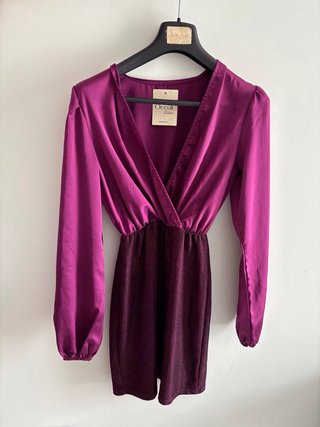 Abito fucsia raso e brillantini nuovo cartellino