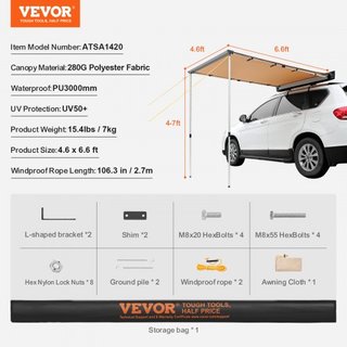 Tenda Laterale per Auto, Ampia Ombreggiatura di 4,6'x6,6' per Veicoli, Tenda Retrattile PU3000mm UV50+ con Borsa di Stoccaggio Impermeabile, Adatta per Camion, SUV, Furgoni, Camper