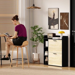 Zapatero Slim Ahorra Espacio Con 2 Puertas Abatibles, Zapatero de Entrada Con 3 Compartimentos Abiertos, Estantes Regulables, Superficie Superior, Porta Zapatos para 15 Pares en Madera Con Asa, 83...