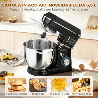 Amasadora Planetaria Con Bowl Inox 7L, 1400W 6 Velocidades Pulse, Cabeza Inclinable, Amasadora Profesional Antideslizante Con Gancho Para Amasar, Varilla, Batidor, Protector Y Accesorios