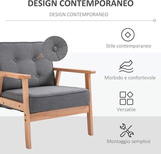 Sillón Vintage Estilo Escandinavo Suave y Acolchado Con Tapicería Acolchada y Piping En Los Bordes Del Cojín Madera De Caucho, Lino Gris Max: 120 Kg 64.5X70X74Cm