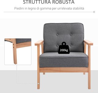 Sillón Vintage Estilo Escandinavo Suave y Acolchado Con Tapicería Acolchada y Piping En Los Bordes Del Cojín Madera De Caucho, Lino Gris Max: 120 Kg 64.5X70X74Cm