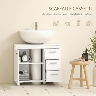 Mueble Bajo Lavabo para Baño con Puerta Amortiguada y 3 Cajones, Mueble Bajo Lavabo con Tallado en U y Estantes, Mueble de Baño Moderno y Ahorra Espacio, Adecuado para Lavabos de Columna o Sin, Blanco