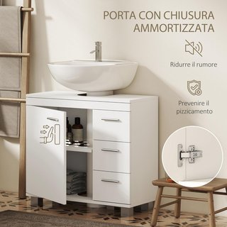 Mueble Bajo Lavabo para Baño con Puerta Amortiguada y 3 Cajones, Mueble Bajo Lavabo con Tallado en U y Estantes, Mueble de Baño Moderno y Ahorra Espacio, Adecuado para Lavabos de Columna o Sin, Blanco