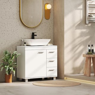 Mueble Bajo Lavabo para Baño con Puerta Amortiguada y 3 Cajones, Mueble Bajo Lavabo con Tallado en U y Estantes, Mueble de Baño Moderno y Ahorra Espacio, Adecuado para Lavabos de Columna o Sin, Blanco