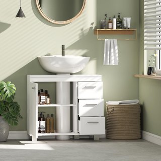 Mueble Bajo Lavabo para Baño con Puerta Amortiguada y 3 Cajones, Mueble Bajo Lavabo con Tallado en U y Estantes, Mueble de Baño Moderno y Ahorra Espacio, Adecuado para Lavabos de Columna o Sin, Blanco