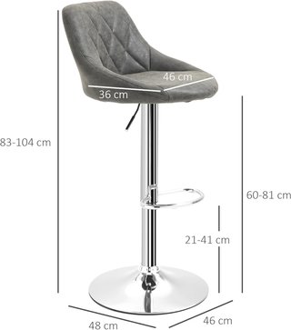 Set de 2 Taburetes de Bar con Altura Ajustable, Base de Metal y Asiento de Piel Sintética, Taburetes Altos Modernos Giratorios con Respaldo y Reposapiés 46X48X83-104Cm, Gris Oscuro y Plata