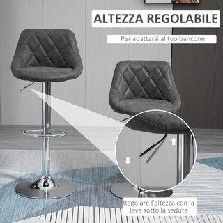 Set de 2 Taburetes de Bar con Altura Ajustable, Base de Metal y Asiento de Piel Sintética, Taburetes Altos Modernos Giratorios con Respaldo y Reposapiés 46X48X83-104Cm, Gris Oscuro y Plata