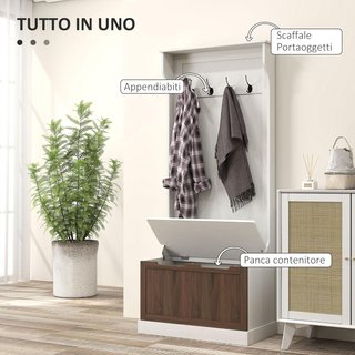 Perchero de Entrada 3 en 1 con Zapatero, Perchero de Suelo Ahorra Espacio con 4 Ganchos y Banco Contenedor, en MDF, para Pasillo, Dormitorio, 71.5X39.5X170 Cm, Blanco y Marrón