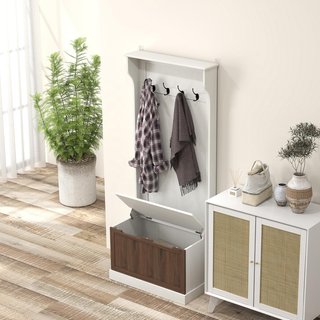 Perchero de Entrada 3 en 1 con Zapatero, Perchero de Suelo Ahorra Espacio con 4 Ganchos y Banco Contenedor, en MDF, para Pasillo, Dormitorio, 71.5X39.5X170 Cm, Blanco y Marrón