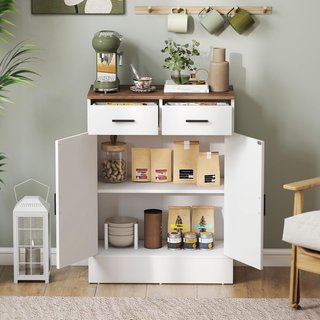 Credenza de Cocina Con 2 Cajones Y Armario de 2 Puertas, Mueble de Cocina Moderno Con Estante Regulable, Credenza Buffet para Sala de Estar, Comedor Y Salón, 68.6X35X90.3 Cm, Blanco Y Marrón
