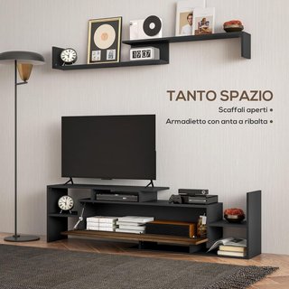 Mueble de TV con estante de pared, estantes abiertos y armario de madera, mueble de TV moderno para sala de estar y dormitorio, negro y marrón
