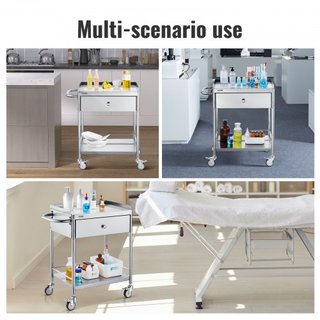 Carro Médico, Carro de Acero Inoxidable de 2 Capas con Capacidad de Carga de 99.8 kg, Carro de Utilidad para Laboratorio con Ruedas Silenciosas de 360° y un Cajón para Laboratorio, Clínica, Cocina...