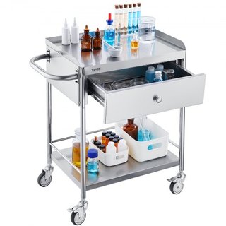 Carro Médico, Carro de Acero Inoxidable de 2 Capas con Capacidad de Carga de 99.8 kg, Carro de Utilidad para Laboratorio con Ruedas Silenciosas de 360° y un Cajón para Laboratorio, Clínica, Cocina...