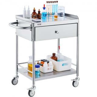 Carro Médico, Carro de Acero Inoxidable de 2 Capas con Capacidad de Carga de 99.8 kg, Carro de Utilidad para Laboratorio con Ruedas Silenciosas de 360° y un Cajón para Laboratorio, Clínica, Cocina...