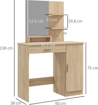 Estación de Maquillaje con Mueble con Puerta, Cajón, Espejo de Maquillaje y Estantes Abiertos, Tocador de Maquillaje en Aglomerado, 90X38X138 Cm, Arce