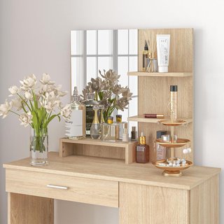 Estación de Maquillaje con Mueble con Puerta, Cajón, Espejo de Maquillaje y Estantes Abiertos, Tocador de Maquillaje en Aglomerado, 90X38X138 Cm, Arce