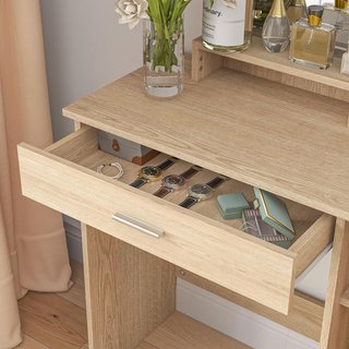 Estación de Maquillaje con Mueble con Puerta, Cajón, Espejo de Maquillaje y Estantes Abiertos, Tocador de Maquillaje en Aglomerado, 90X38X138 Cm, Arce