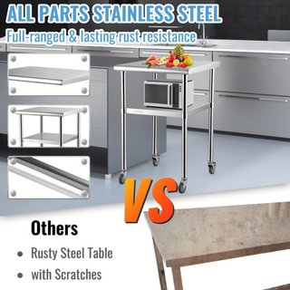 Mesa de Preparación de Acero Inoxidable, 61 x 61 x 91 cm, Capacidad de Carga de 272 kg Mesa de Trabajo de Metal de Alta Resistencia con Estante Inferior Ajustable y Ruedas Universales, Estación de...