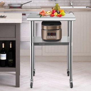 Mesa de Preparación de Acero Inoxidable, 61 x 61 x 91 cm, Capacidad de Carga de 272 kg Mesa de Trabajo de Metal de Alta Resistencia con Estante Inferior Ajustable y Ruedas Universales, Estación de...